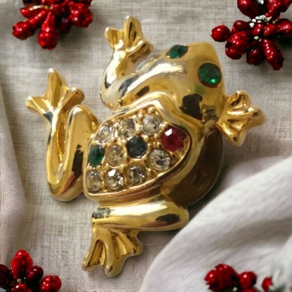 Vtg Frog Lapel Pin Rhinestones Gold Tone Tie Tack Toad Mini Brooch Shiny Estate. - Picture 13 of 14